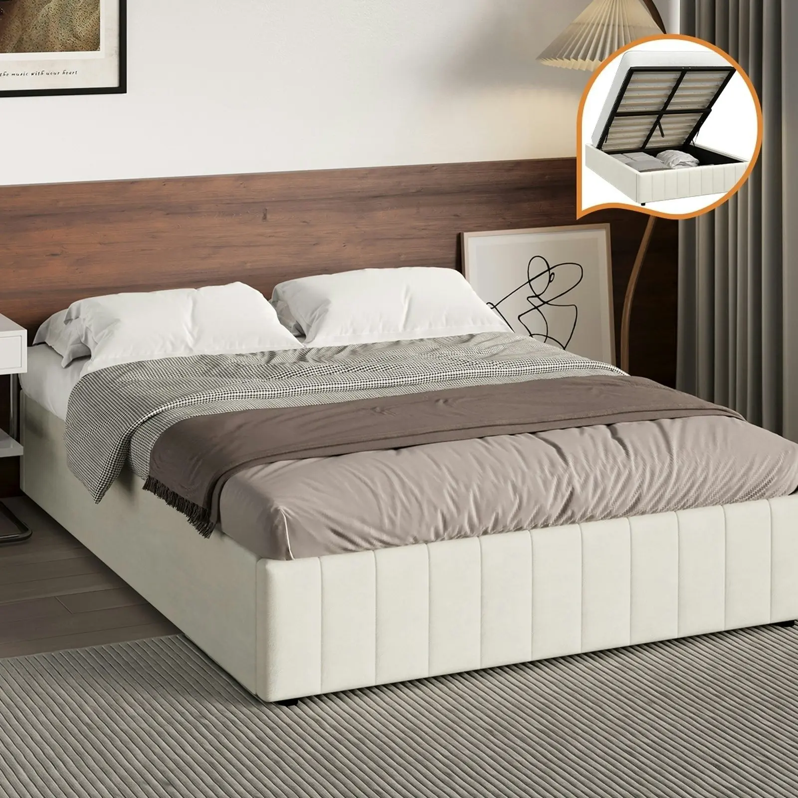 Oikiture Bed Frame Double Size Gas Lift Storage Base Velvet FURB