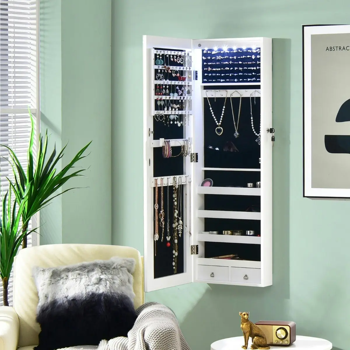 Costway Mirrored Jewelry Cabinet Lockable Wall/Door Mounted