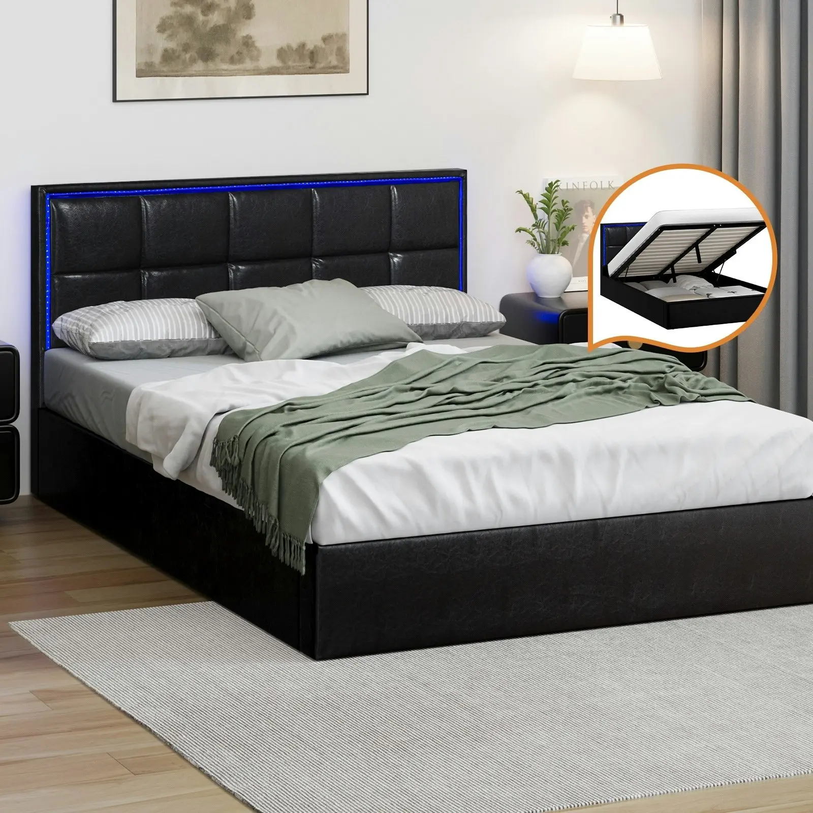 Oikiture Gas Lift Bed Frame Double Storage Bed LED Headboard
