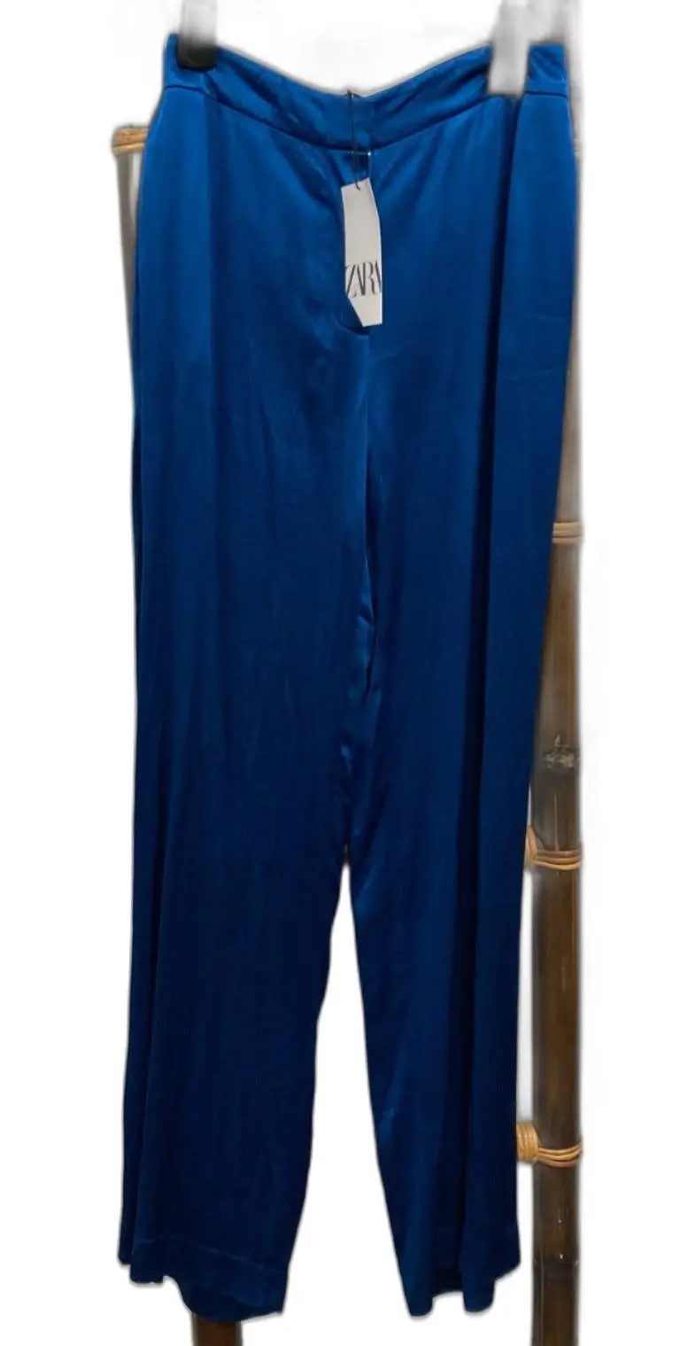 Zara Silky-Feel Line Textured Straight Leg Blue Pants Ladies Sz Xs