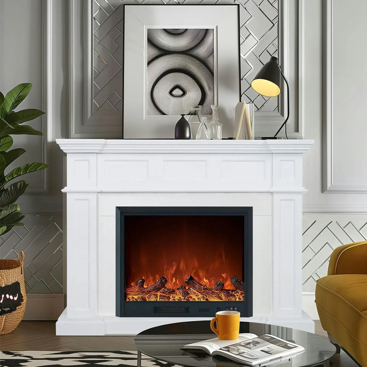 Moda Living Hudson 1500w Electric Fireplace Heater White Mantel