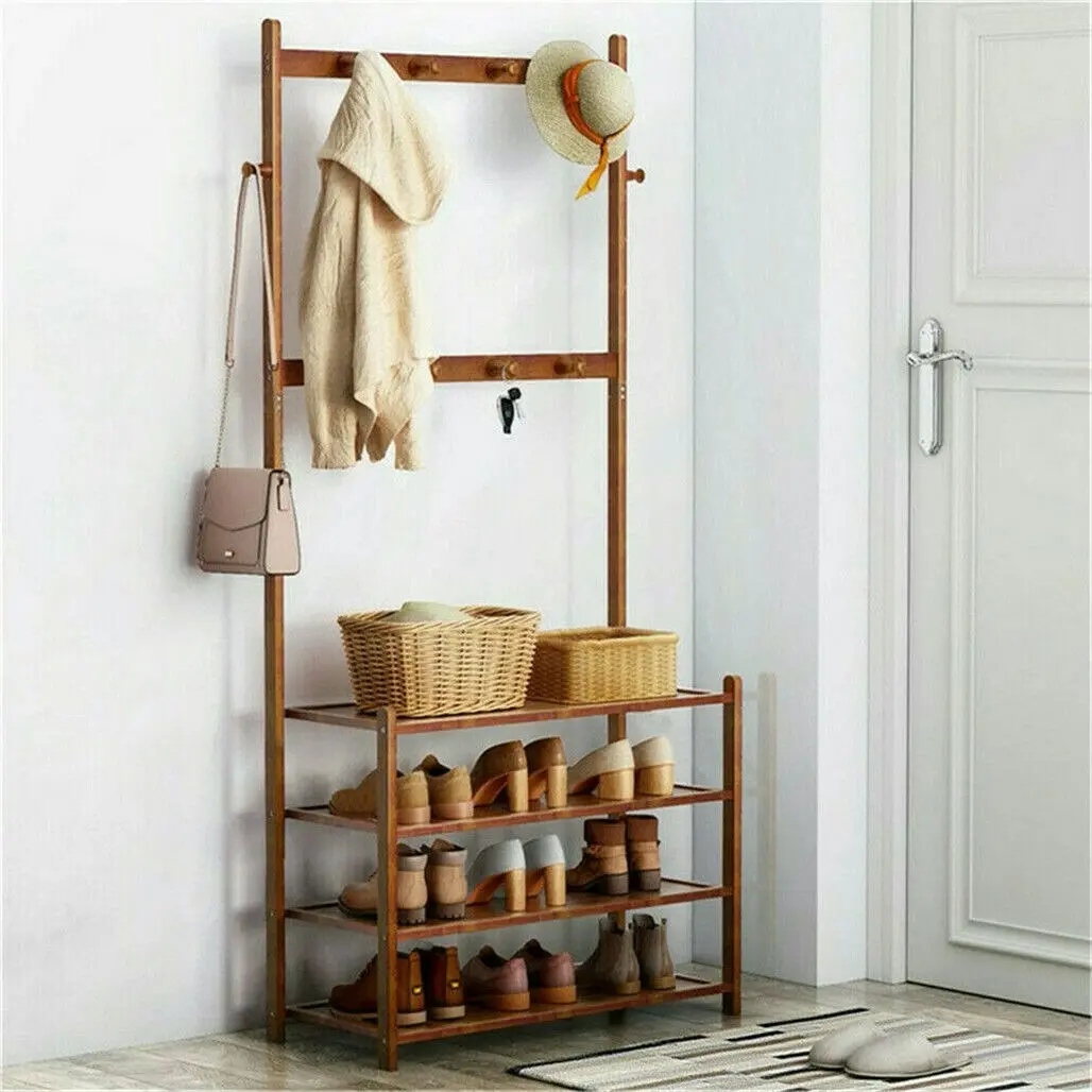 Bamboo 5-Tier Hat Coat Shoe Rack Entryway Bench Hanger Storage