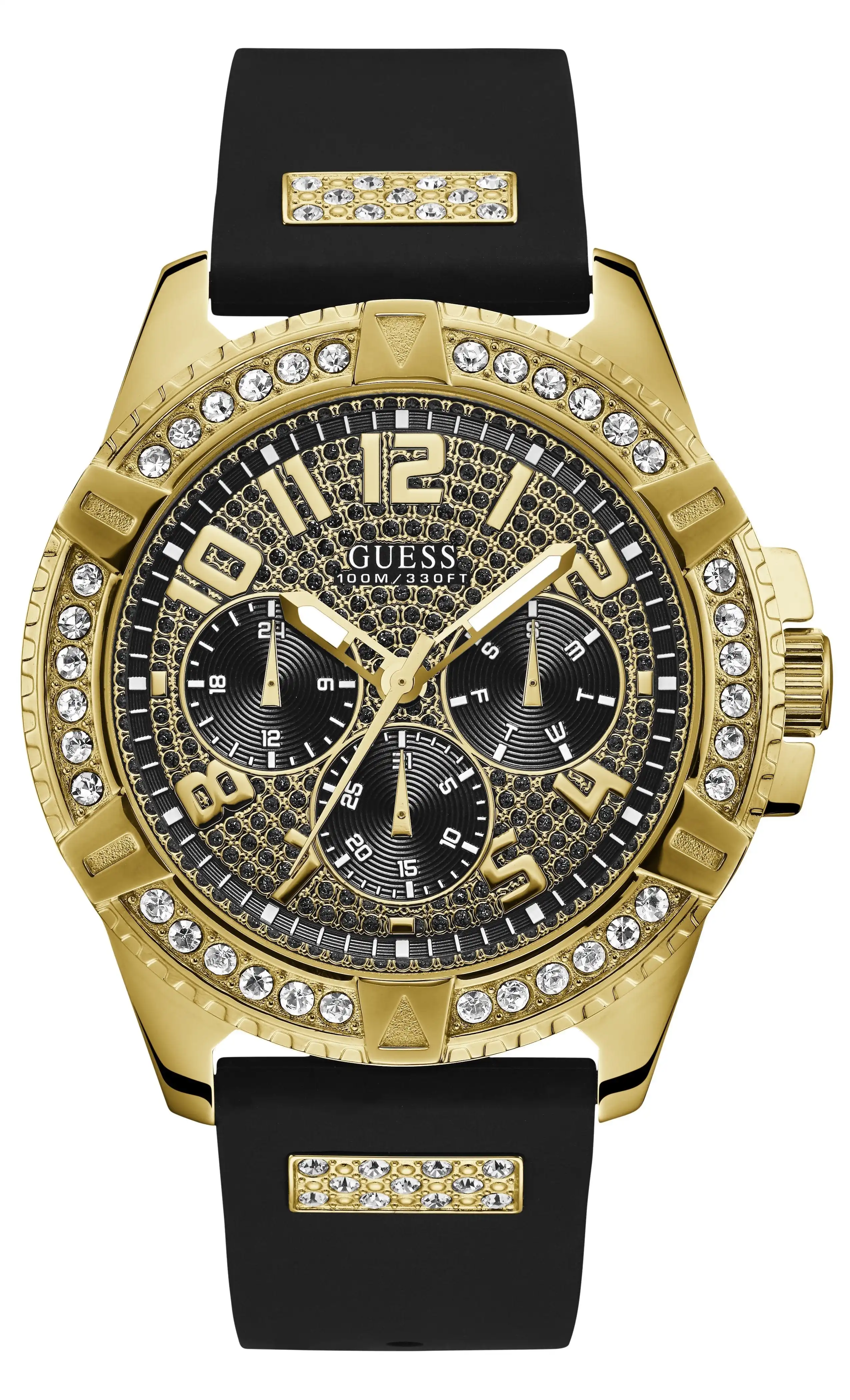 Guess Frontier Crystal Gold & Black Silicone Watch W1132G1