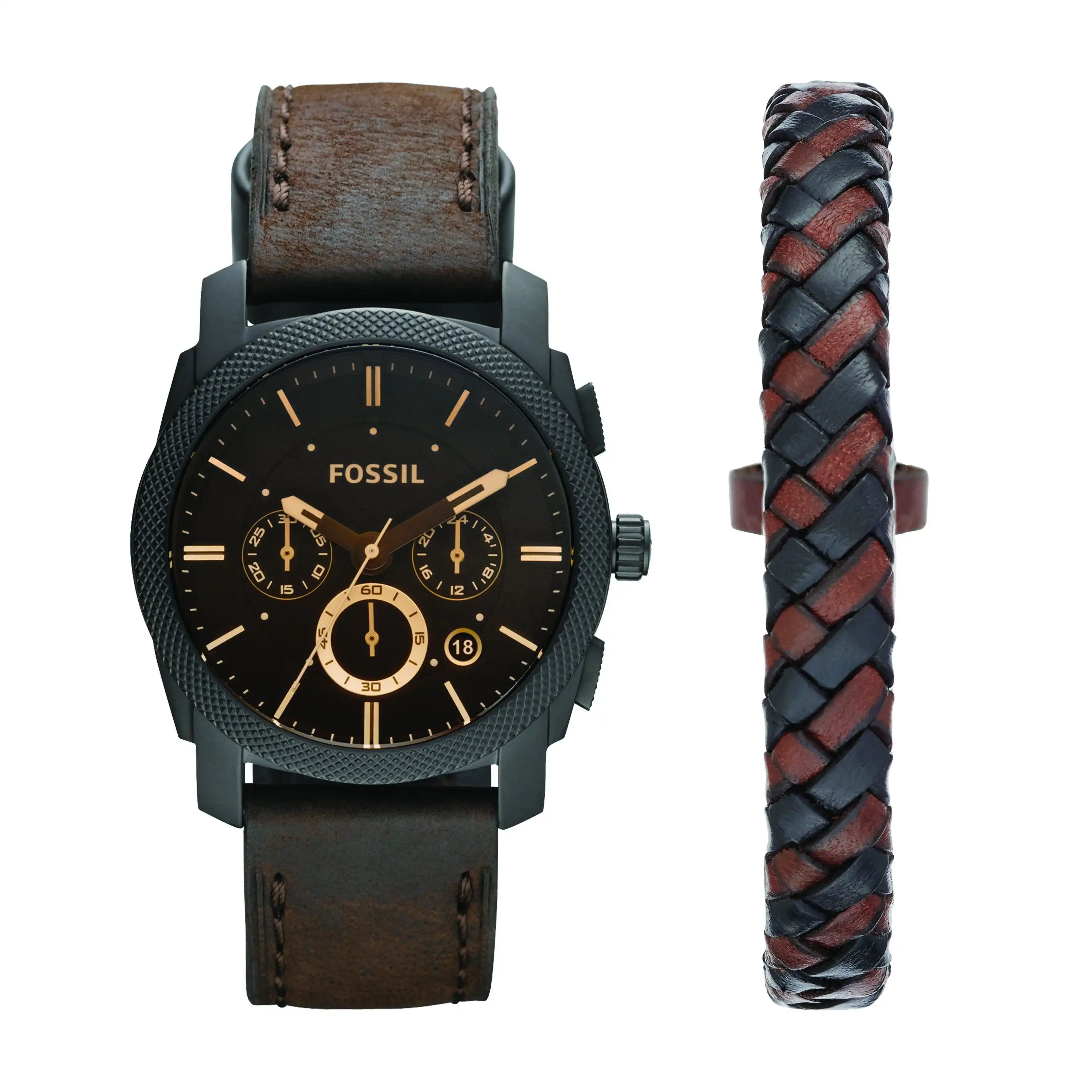 Fossil Machine Chronograph Dark Brown Leather Watch and Bracelet Box Set FS5251SET