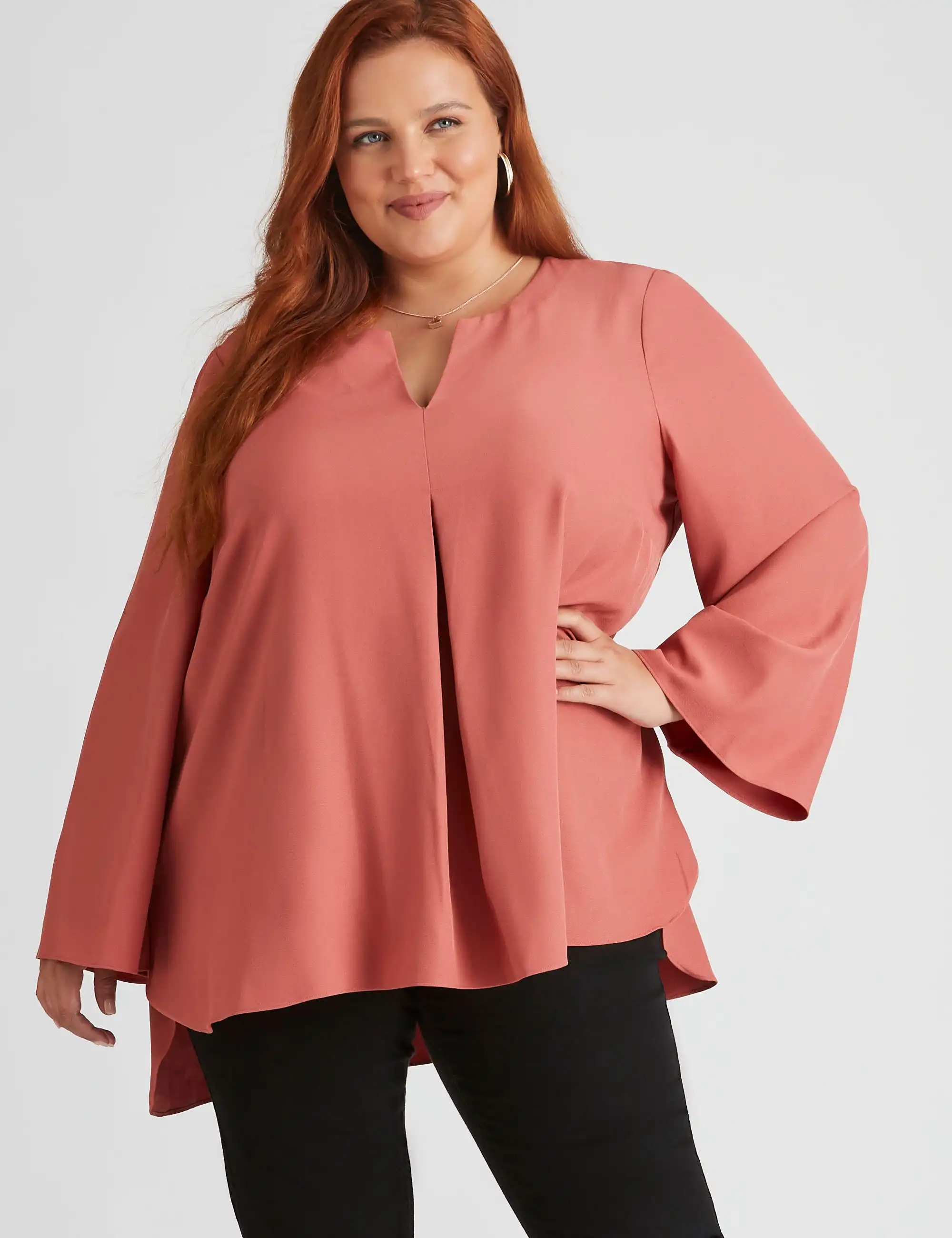 beme Long Flared Sleeve Woven Pleat Front Top