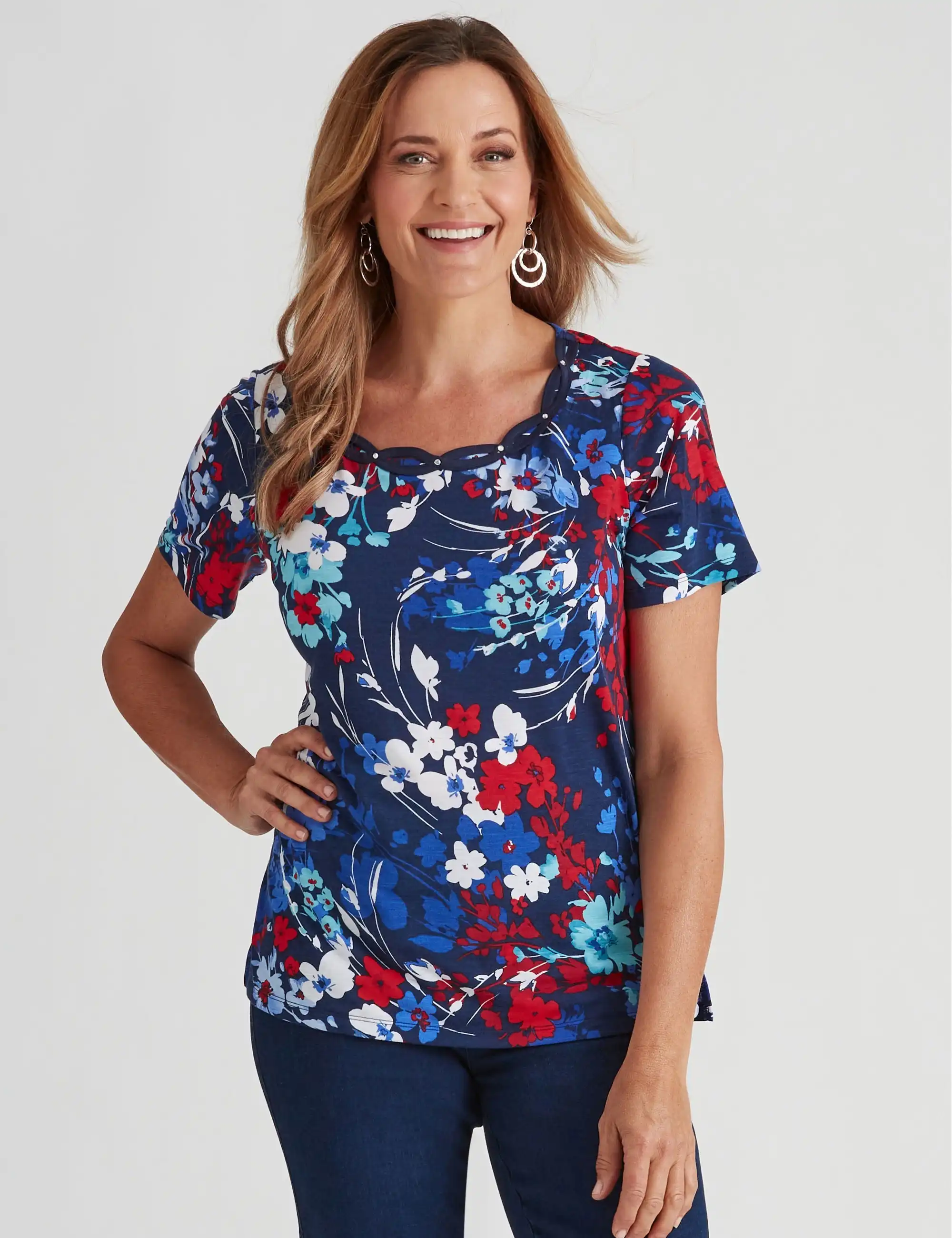 Millers Short Sleeve Print with Neck Detail Top