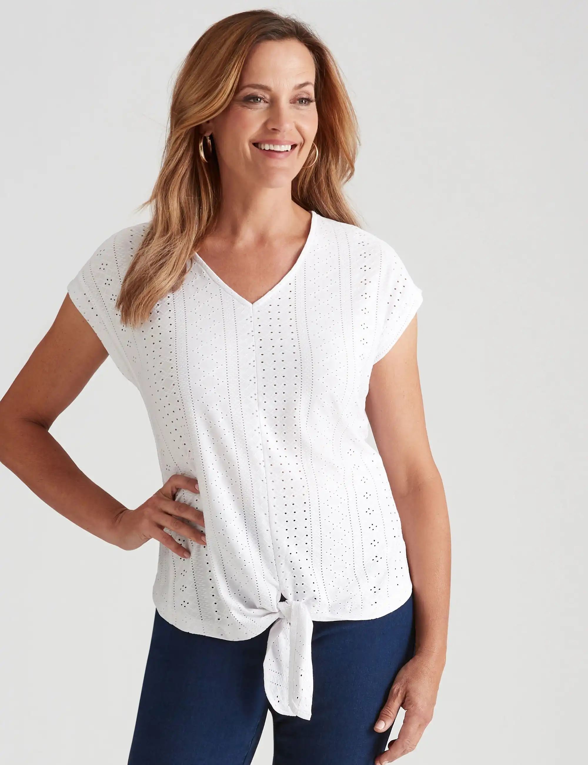 Millers Ended Sleeve Knitwear Broidery with Tie Front Top