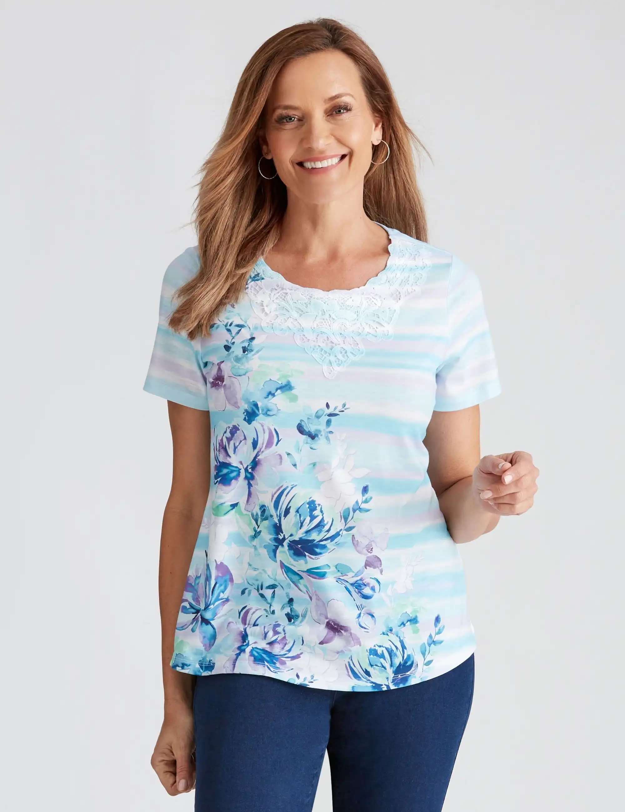 Millers Short Sleeve Print with Neck Trim Top
