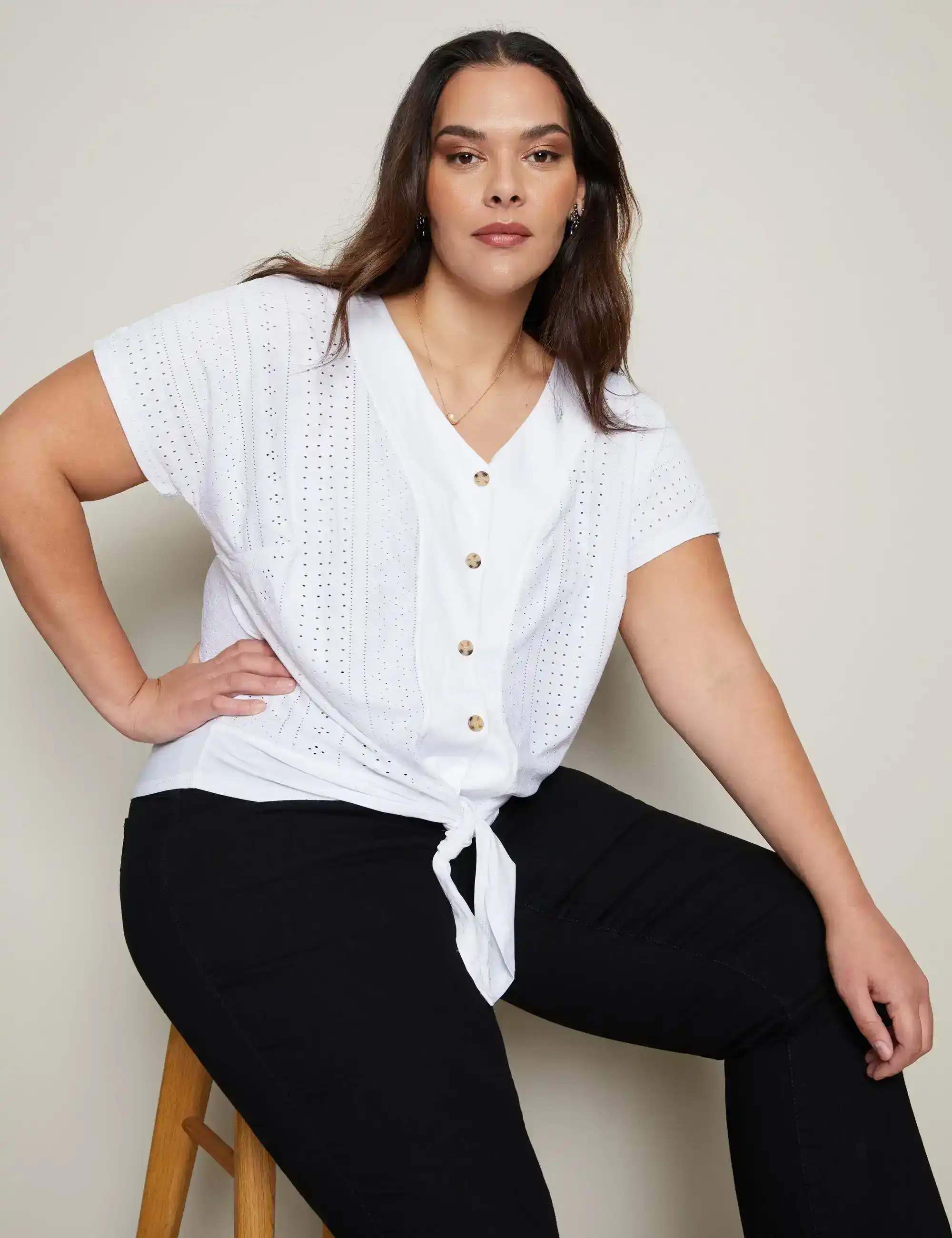 Autograph Knitwear Extended Sleeve Button Through Broderie Top