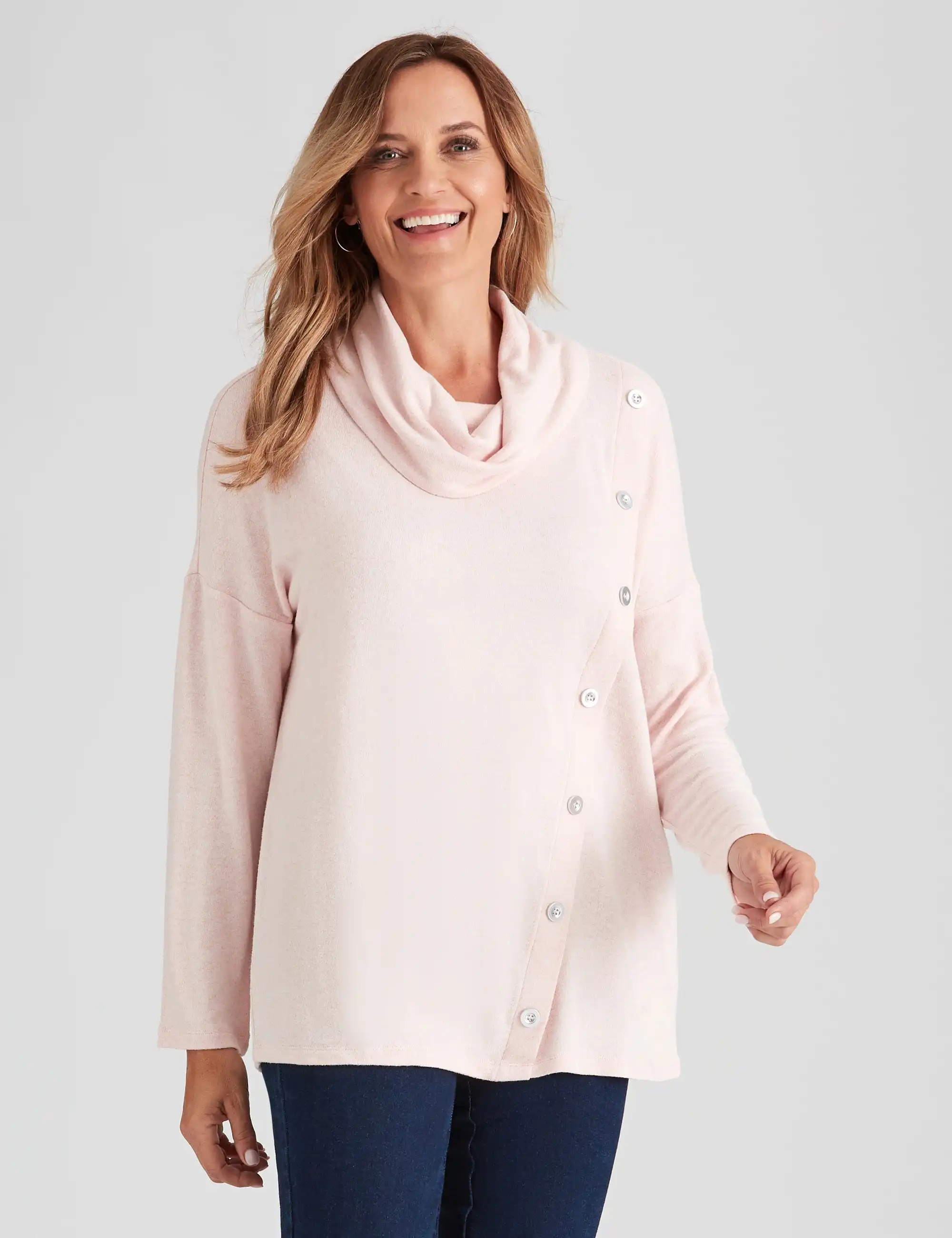 Millers Long Sleeve Brushed Cowl Neck with Button Detail Top