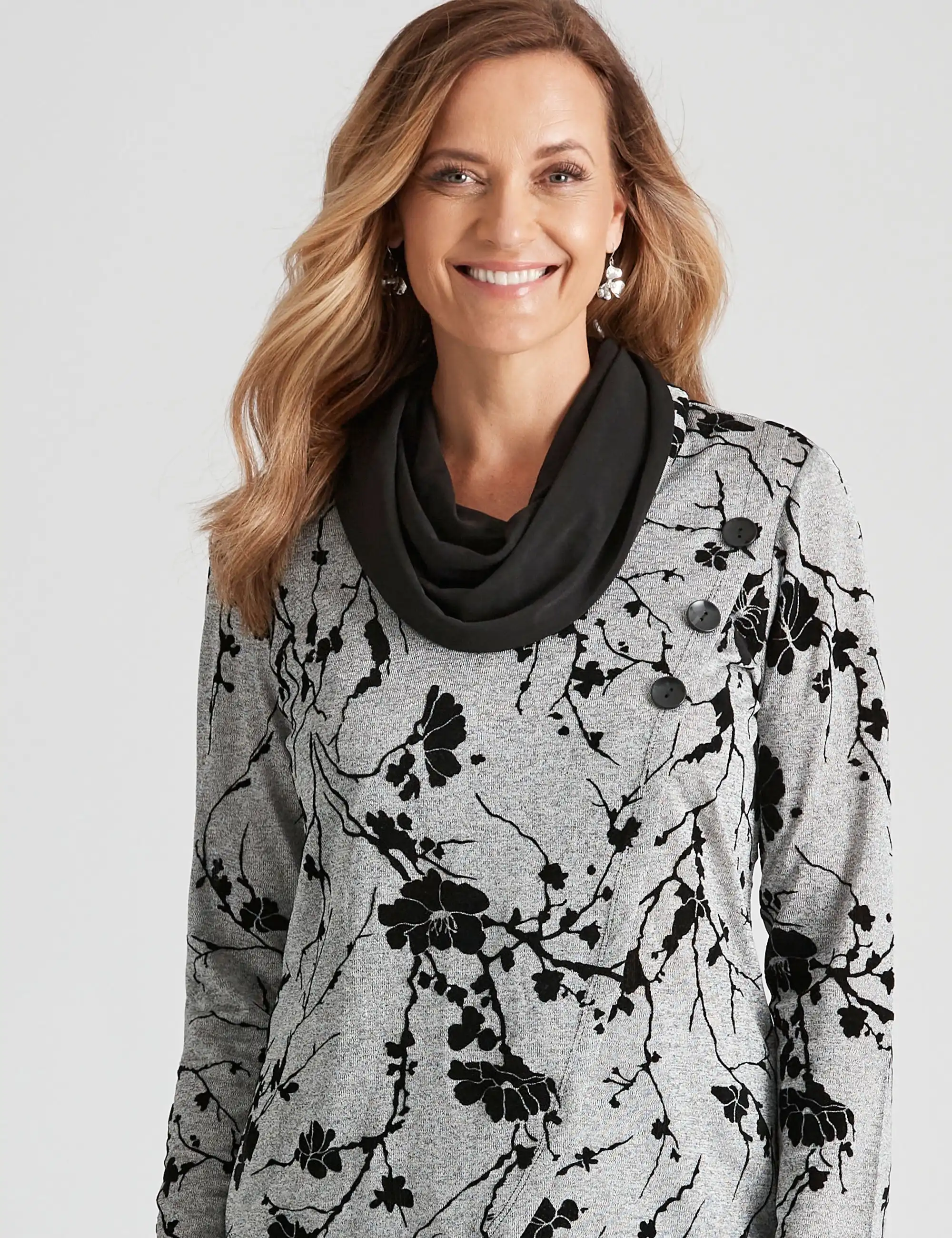 Millers Long Sleeve Cowl Neck with Flocked Print Top