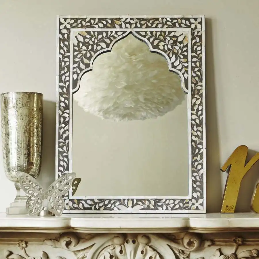 Zohi Interiors Mother of Pearl Inlay Arch Jarokha Mirror in Grey