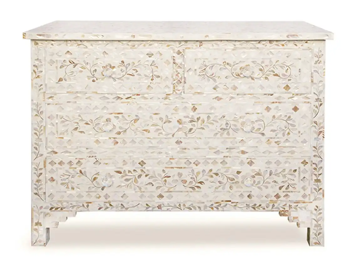 Zohi Interiors Mother of Pearl Inlay 4 Drawer Chest in White