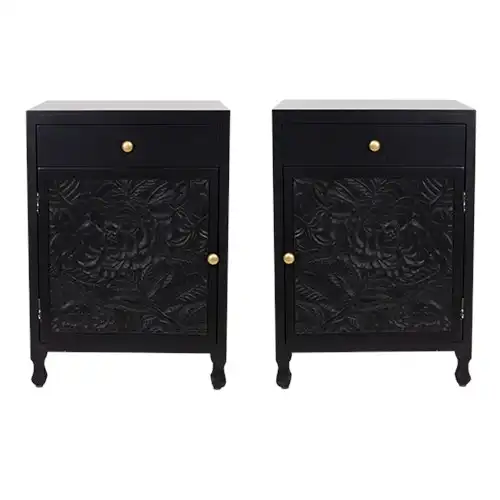 Zohi Interiors Dahlia Carved Wood Bedside Tables in Black - Pair