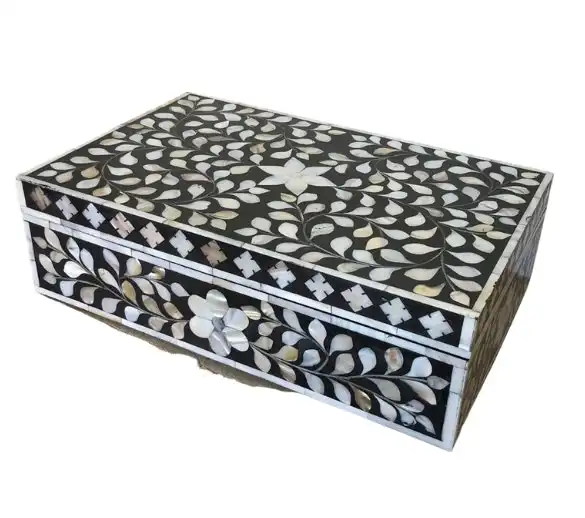 Zohi Interiors Zohi Interiors Signature Collection : Mother of Pearl Inlay Large Box in Floral/Black