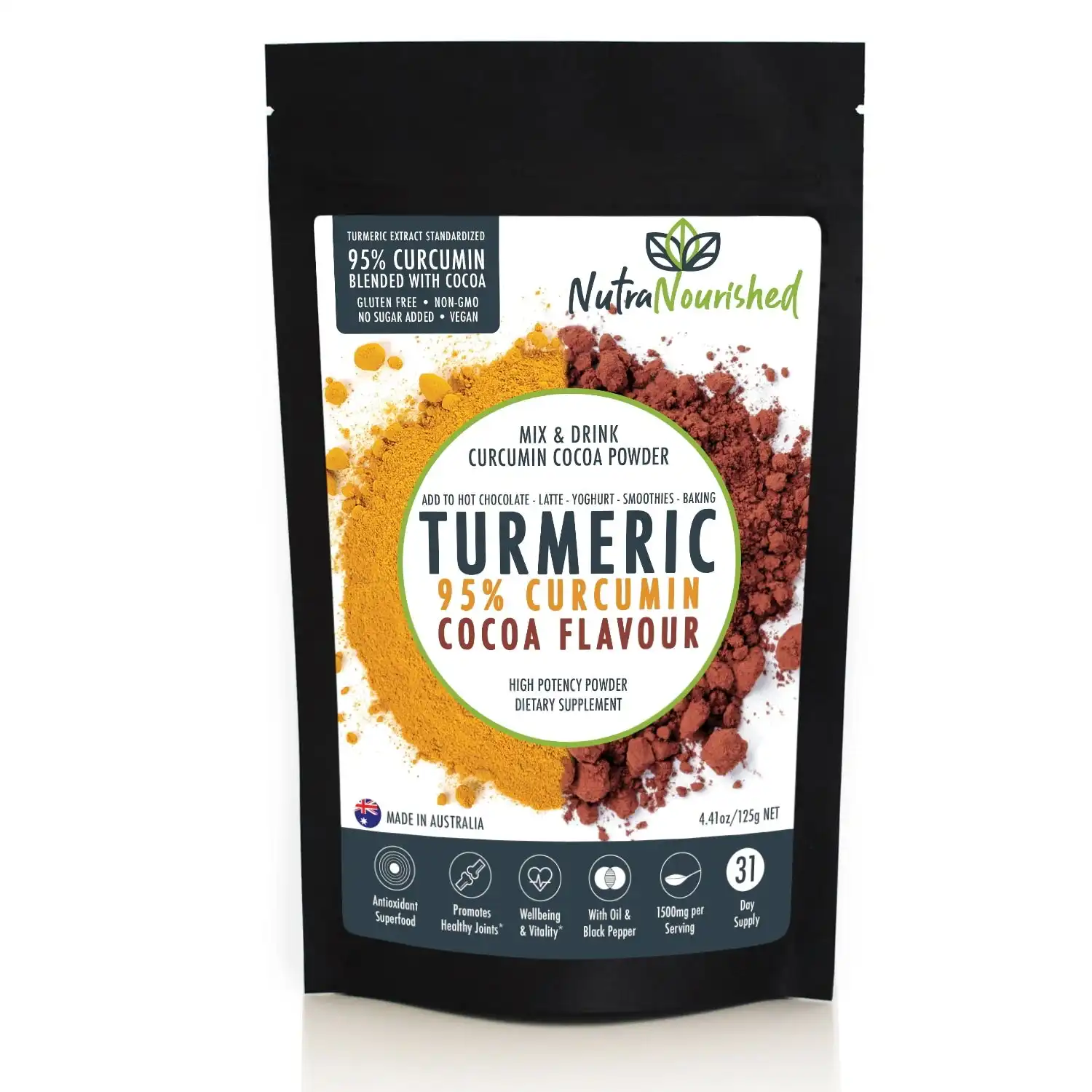 Turmeric 95%  Curcumin Extract w/ Cocoa Flavour - Pure & Organic - 1500mg Turmeric Powder With Black Pepper