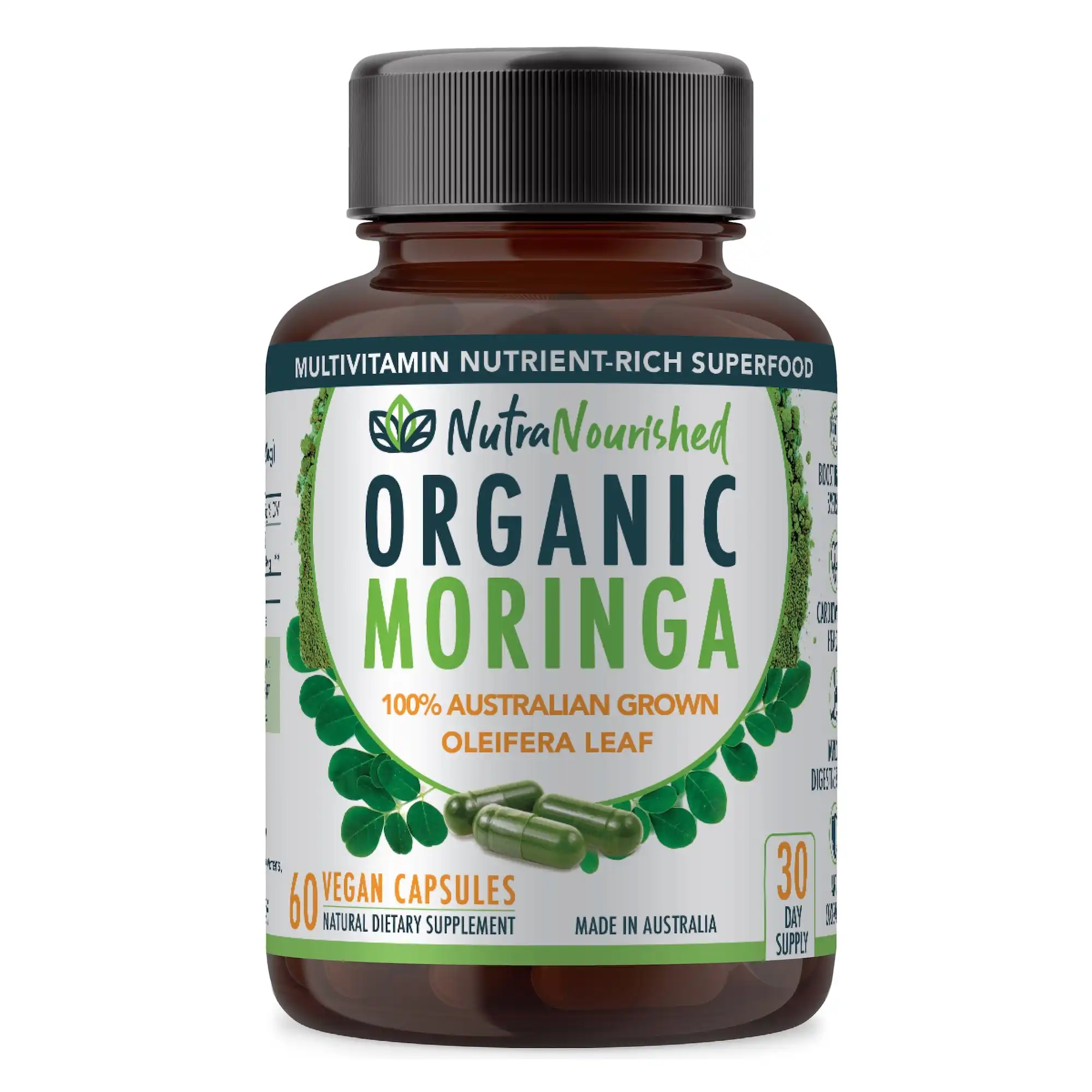Organic Pure Moringa Leaf Capsules - 100% Natural Australian Grown  - contains 13 different vitamins & minerals