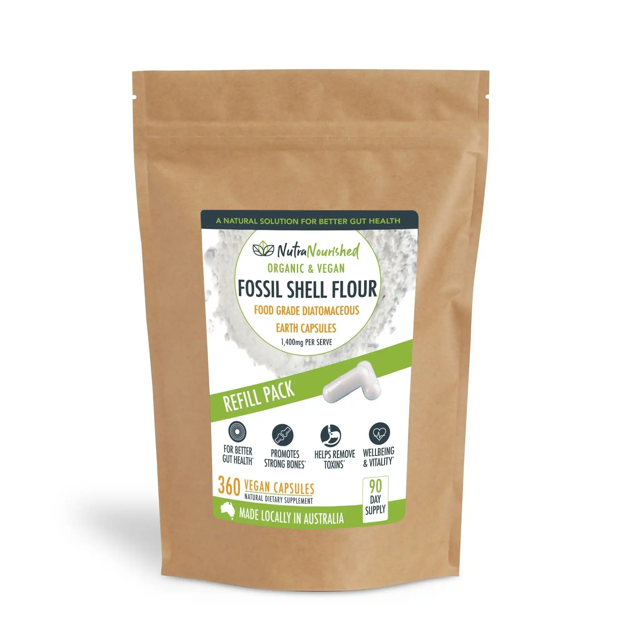 Food Grade Diatomaceous Earth Fossil Shell Flour Capsules Refill Bag 360 Vegan Capsules