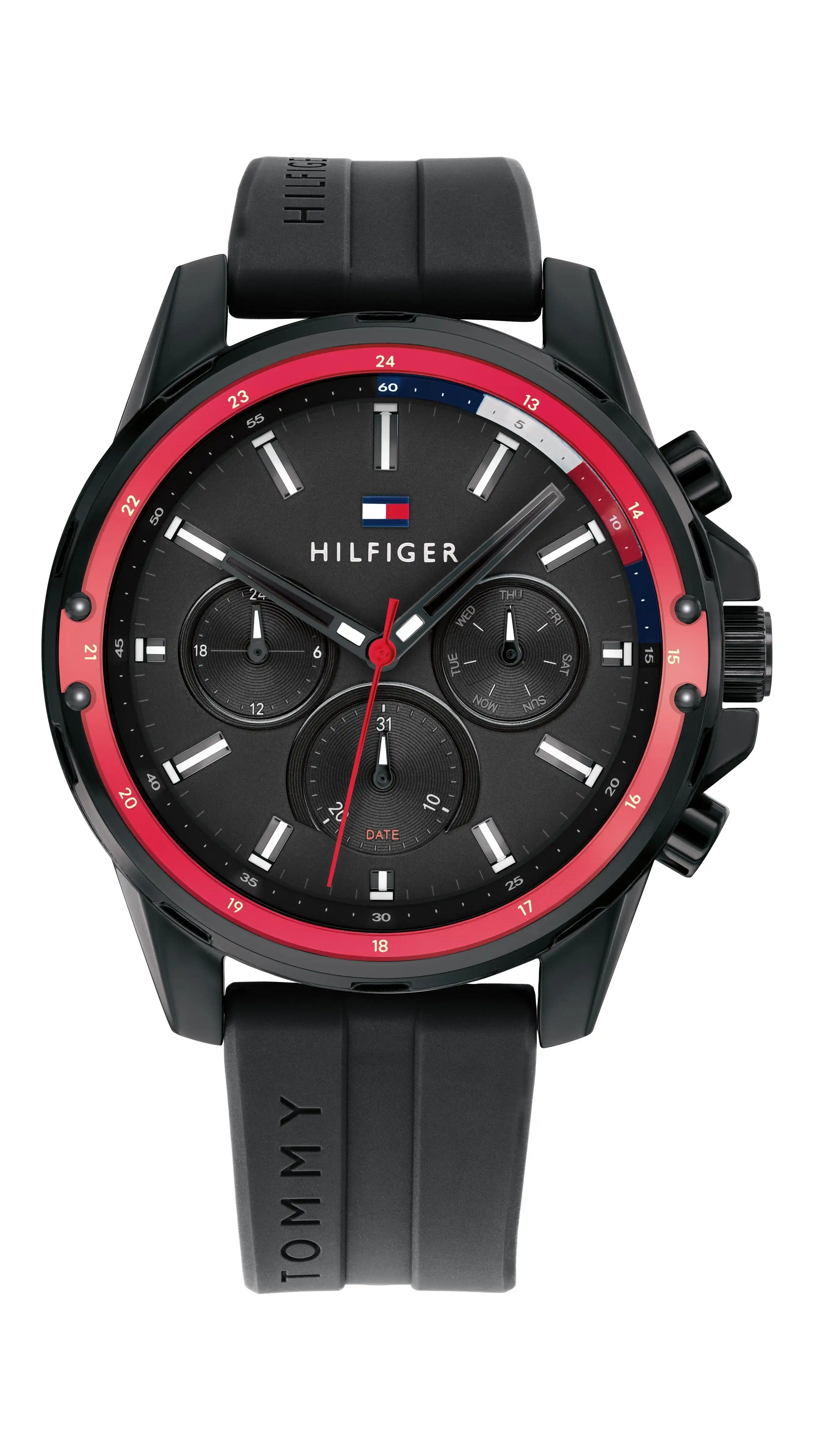 Tommy Hilfiger Mason Red Case Black Silicone Band Watch  1791793