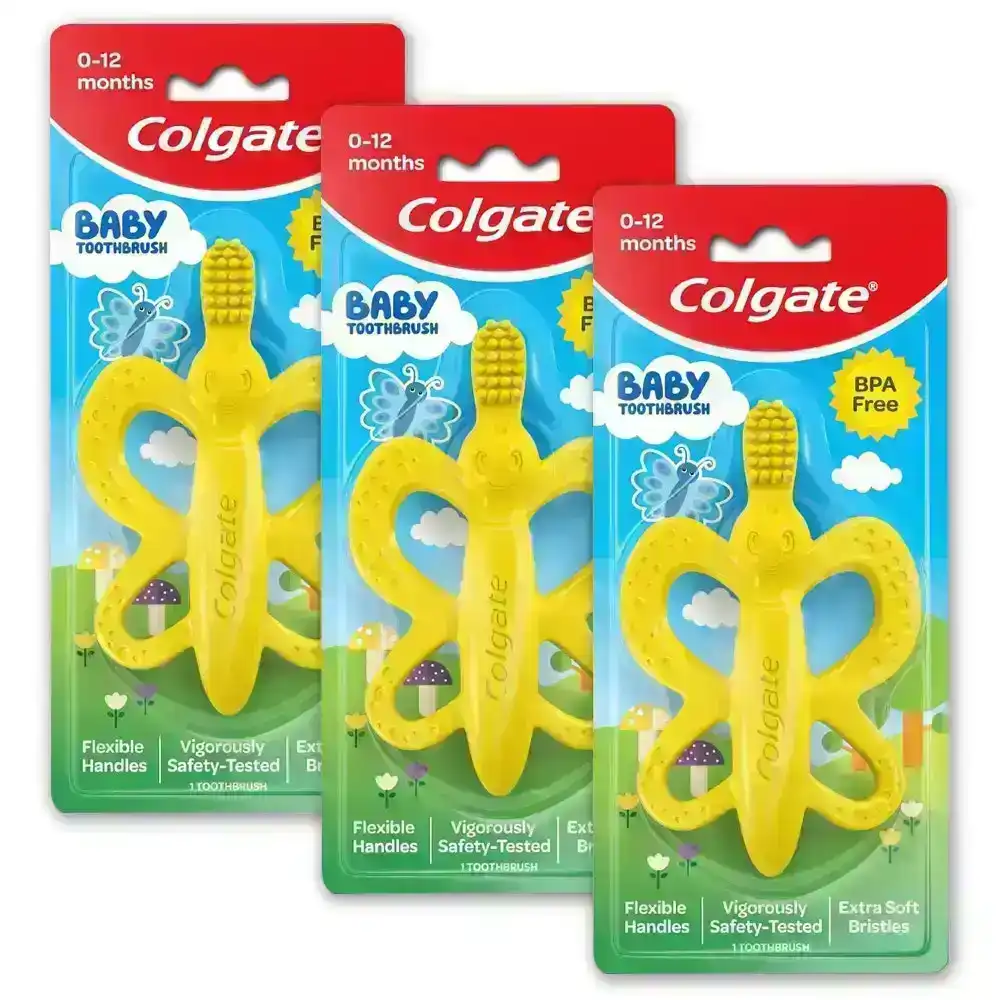 3PK Colgate Baby Training Toothbrush Silicone Teether 0-12m Butterfly Yellow