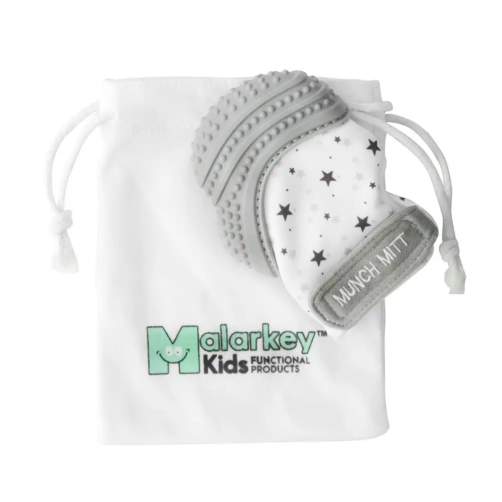 Malarkey Kids Munch Mitt Baby 3-7m Teething Mitten Gloves Silicone Grey Stars