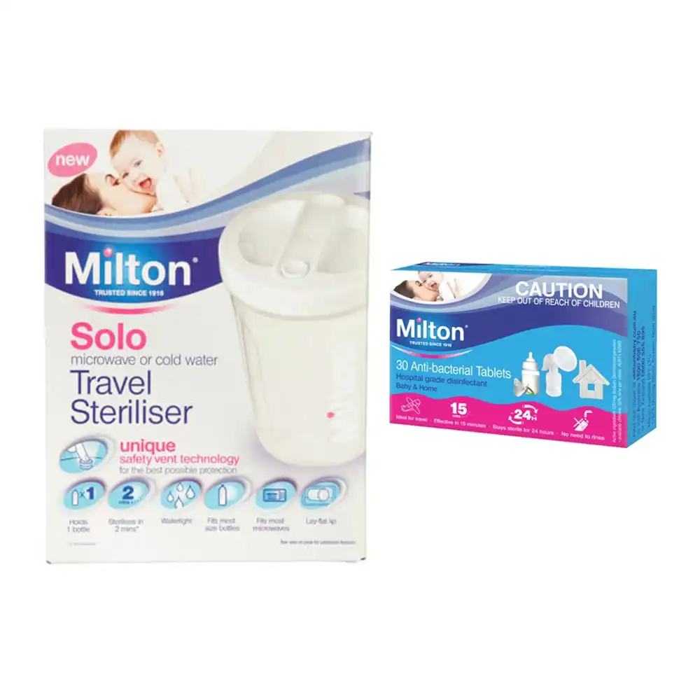 Milton Solo Travel Baby Bottle Steriliser & 30pc Anti-Bacterial Cleaning Tablets