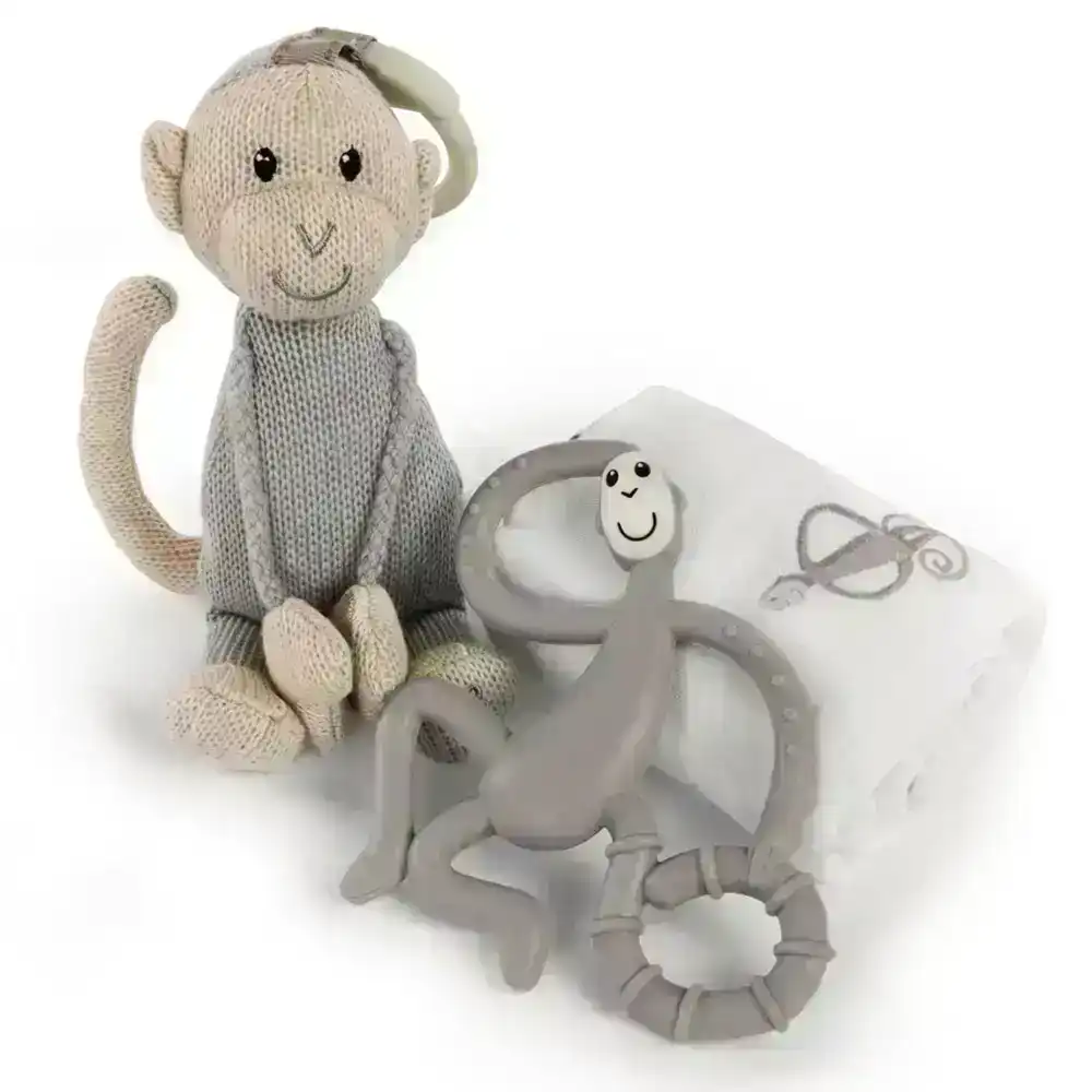 Matchstick Monkey Teething Gift Set Plush/Teether/Muslin Blanket Baby 3m+ Grey