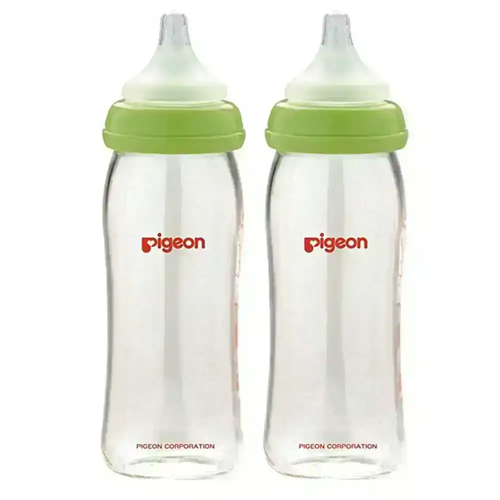 2x PIGEON Softouch Glass Peristaltic Plus Feeding Bottle 240ml M Teat Baby 3m+