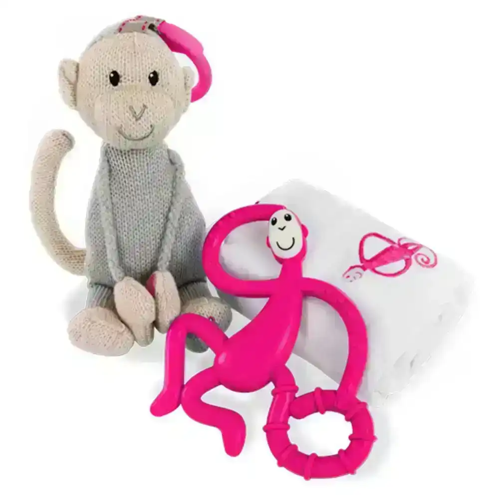 Matchstick Monkey Teething Gift Set Plush/Teether/Muslin Blanket Baby 3m+ Pink