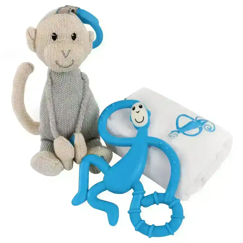 Matchstick Monkey Teething Gift Set Plush/Teether/Muslin Blanket Baby 3m+ Blue
