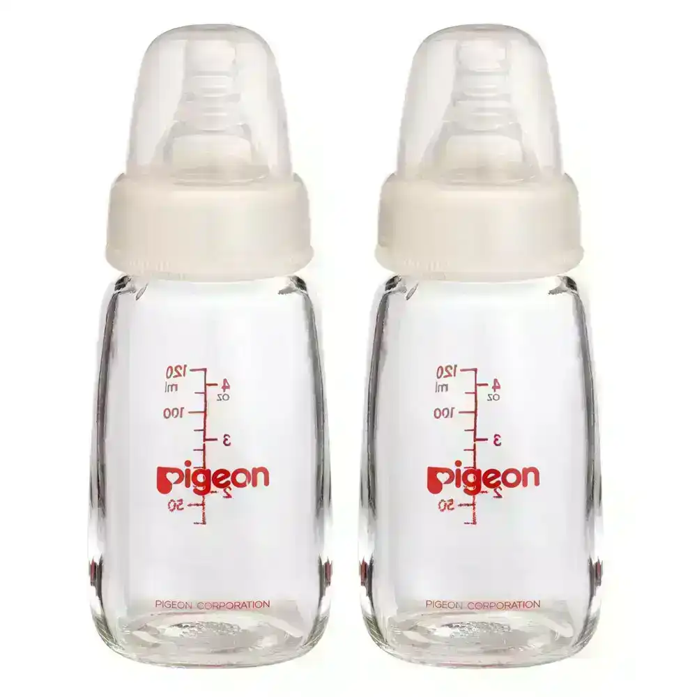 2x PIGEON Slim Neck Peristaltic 120mL Glass Feeding Bottle for Newborn Baby 0m+