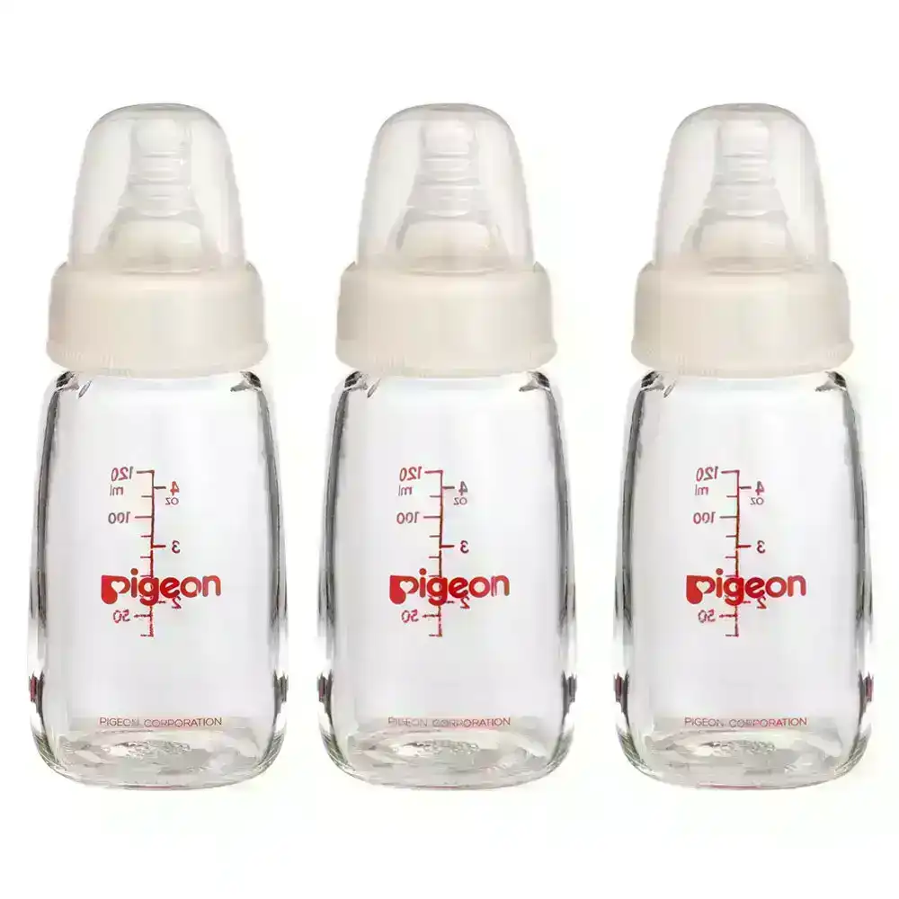 3x PIGEON Slim Neck Peristaltic 120mL Glass Feeding Bottle for Newborn Baby 0m+