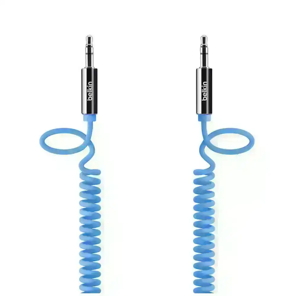 Belkin 1.8m Male Coiled Aux Auxiliary Cable Stereo Audio Lead 3.5mm Cord - Blue