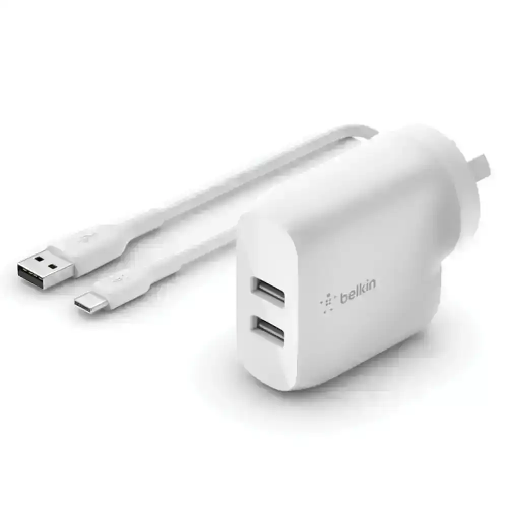Belkin Dual USB-A Wall Charger 24W Plug Adapter w/ USB-C Charging Cable White