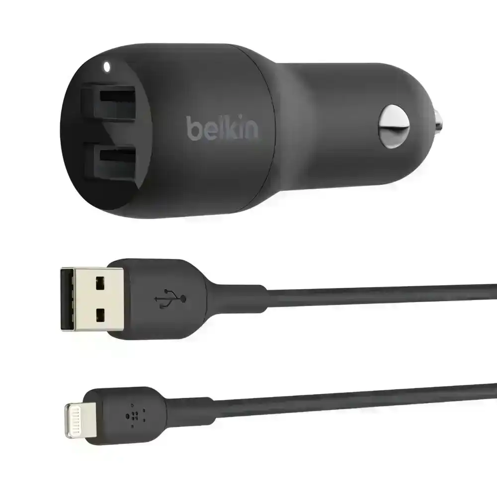 Belkin 2 Port USB-A Car Charger w/ Lightning Cable Cord for iPhone 11/iPad Black