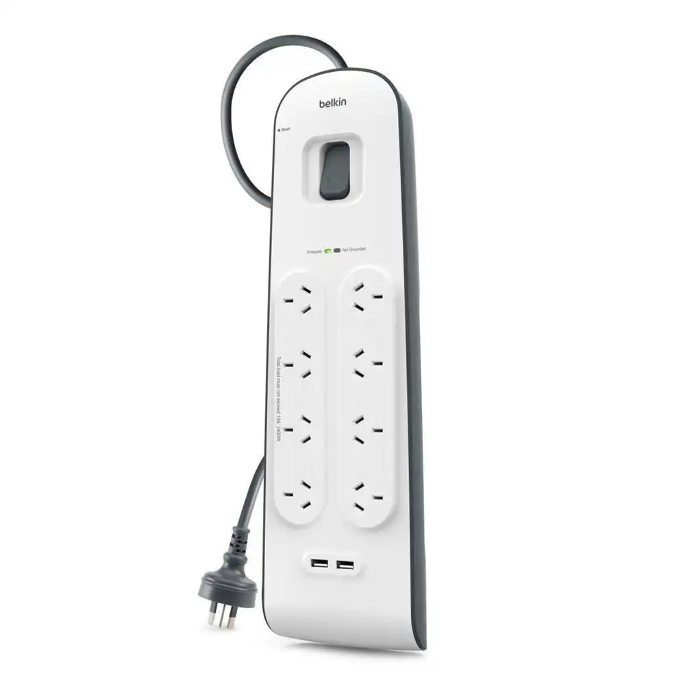 Belkin 8 Way Outlet Surge Protector 2M Power Board 2.4A w 2 USB Ports Charger