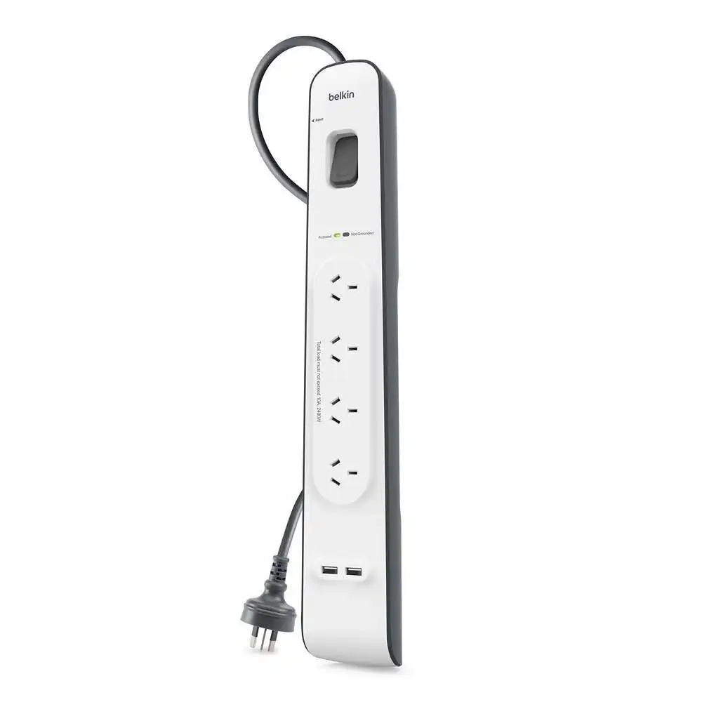 Belkin 4 Way Outlet Surge Protector 2M Power Board 2.4A w 2 USB Ports Charger