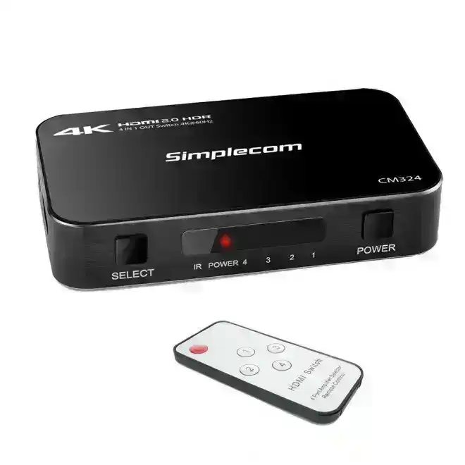 Simplecom CM324 4-Way HDMI 2.0 Male Switch to Female Ultra HD 4K HDR Splitter