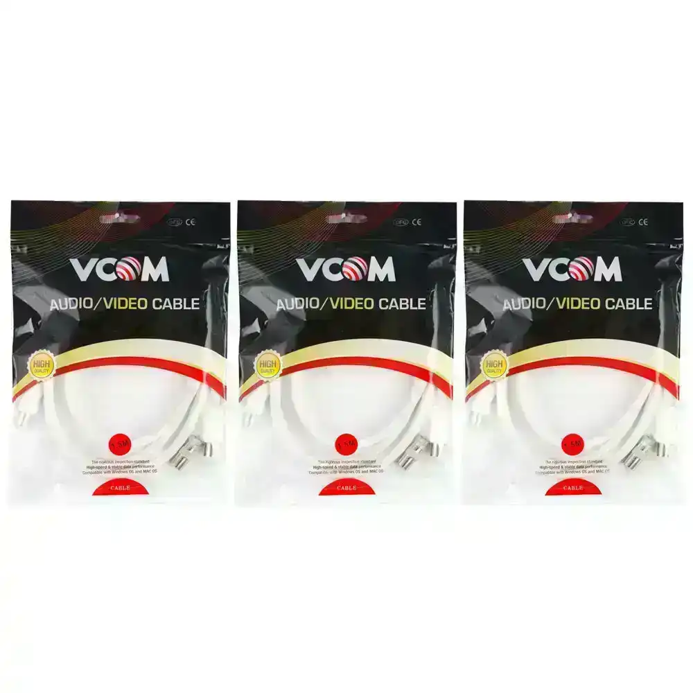 3x V-Com1.5m Cable TV RF Lead/F Type Converter Video Adapter Connector Cord WHT