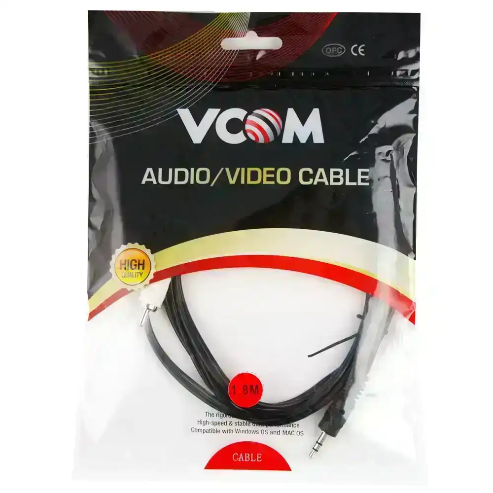 V-Com 1.8m AUX Cable 3.5mm Stereo Jack Male to 2RCA M Audio Connector Cord Black
