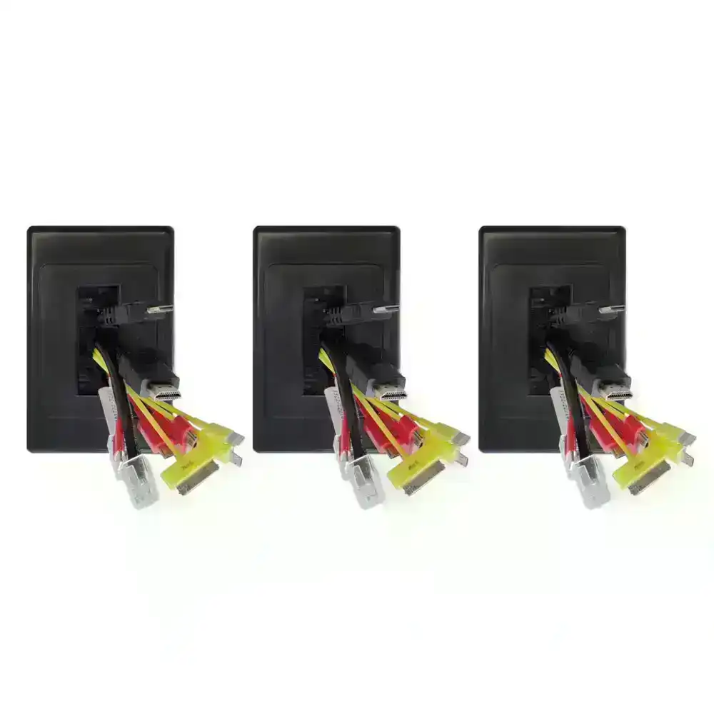 3x Pro2 Black Wall Plate/Brush Outlet Cover For Cable Lead  Management/Organiser