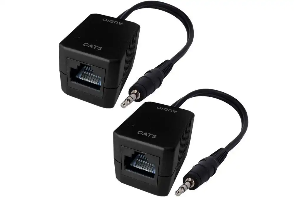 Male AUX 3.5mm Plug Stereo Audio Over Single RJ45 Cable CAT5 Extender/up to 75m