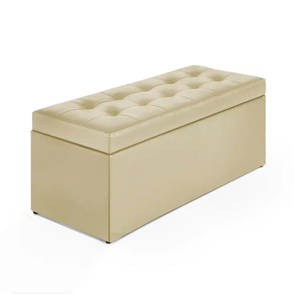 Furb Storage Ottoman Blanket Box PU leather Foot Stool Rest Chest Toy Bedroom Bench Tufted Lid Beige