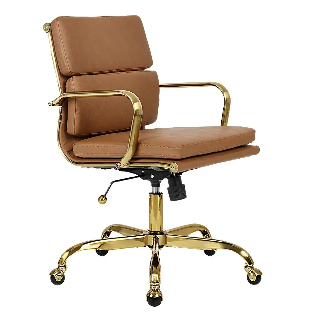 Furb Office Chair Executive Mid-Back Thick Padded PU Leather Work Study Gd Eames Replica Tan