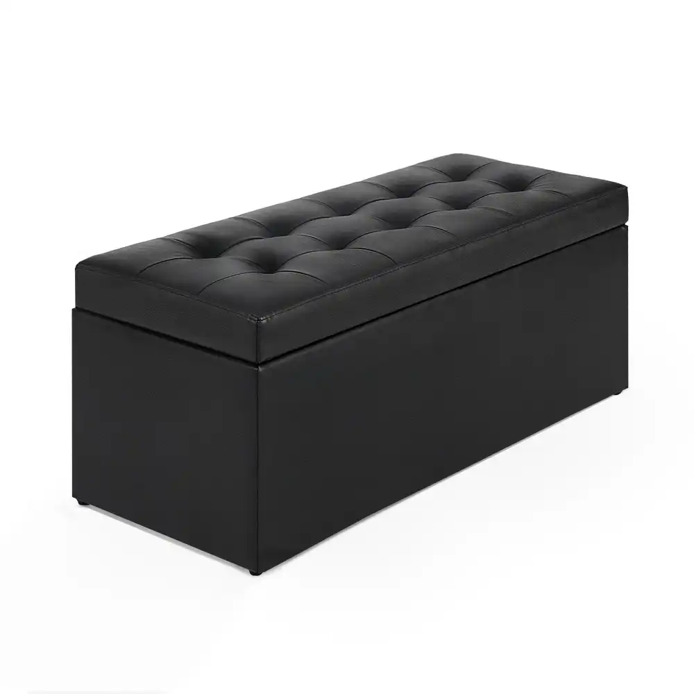 Furb Storage Ottoman Blanket Box PU leather Foot Stool Rest Chest Toy Bedroom Bench Tufted Lid Black