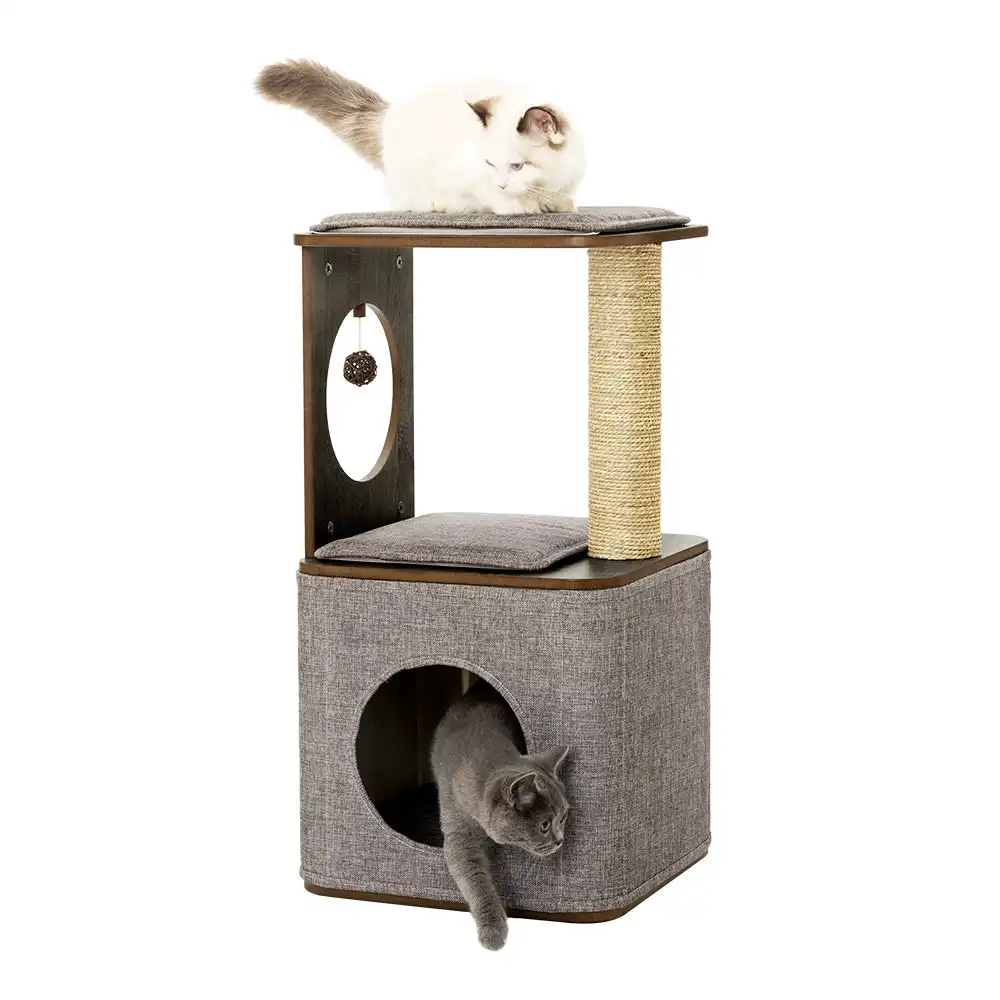 Taily Cat Tree Tower Cats Scratcher Scratching Post Condo Furniture Feline Toy Wooden Playhouse Grey