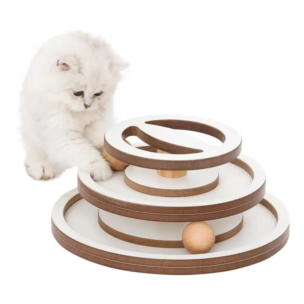 Taily Cat Toy Tower Roller 2-Level Wooden Turntable Track Balls Interactive Puzzle Kitten Toys Tree