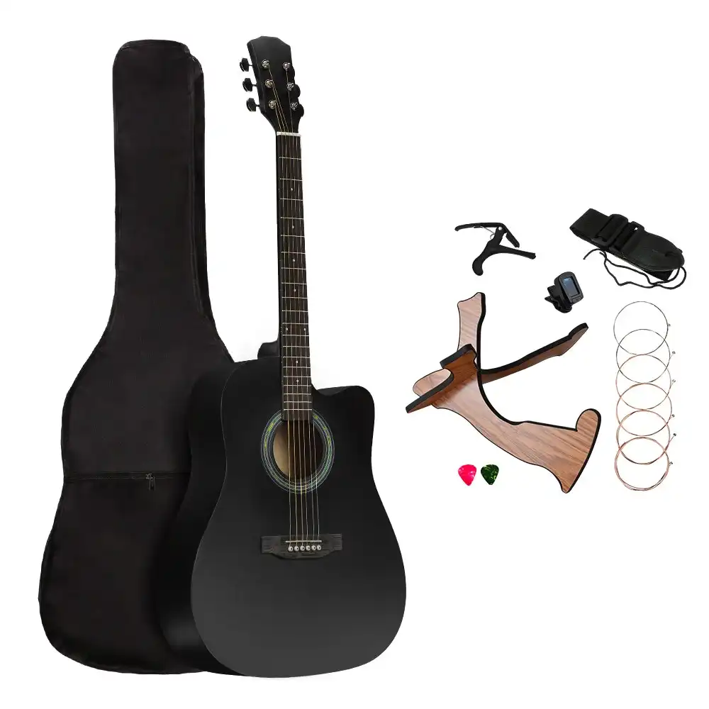 41" Acoustic Guitar Full Size for Beginner Classical Folk Black Wooden Stand String Tuner Capo