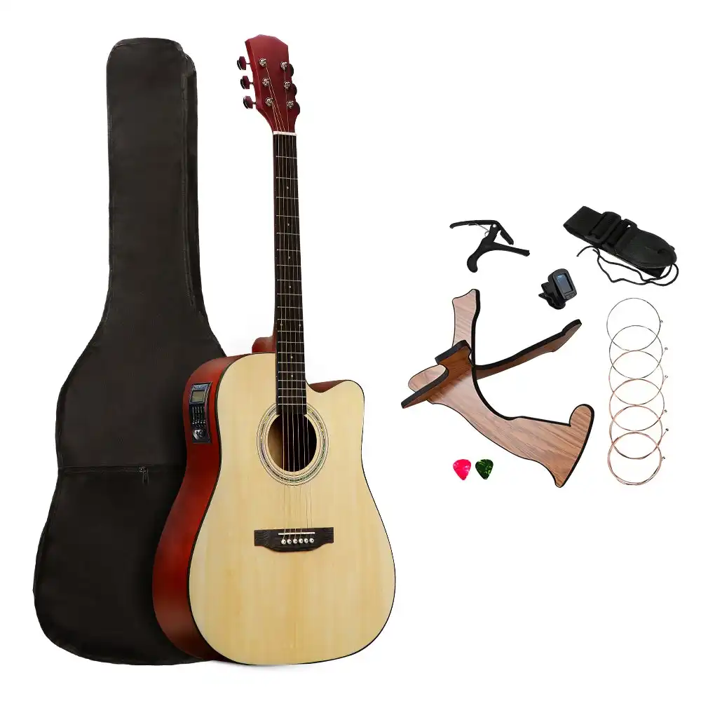 41" Acoustic Guitar EQ Full Size for Beginner Classical Folk Natural Wooden Stand String Tuner Capo
