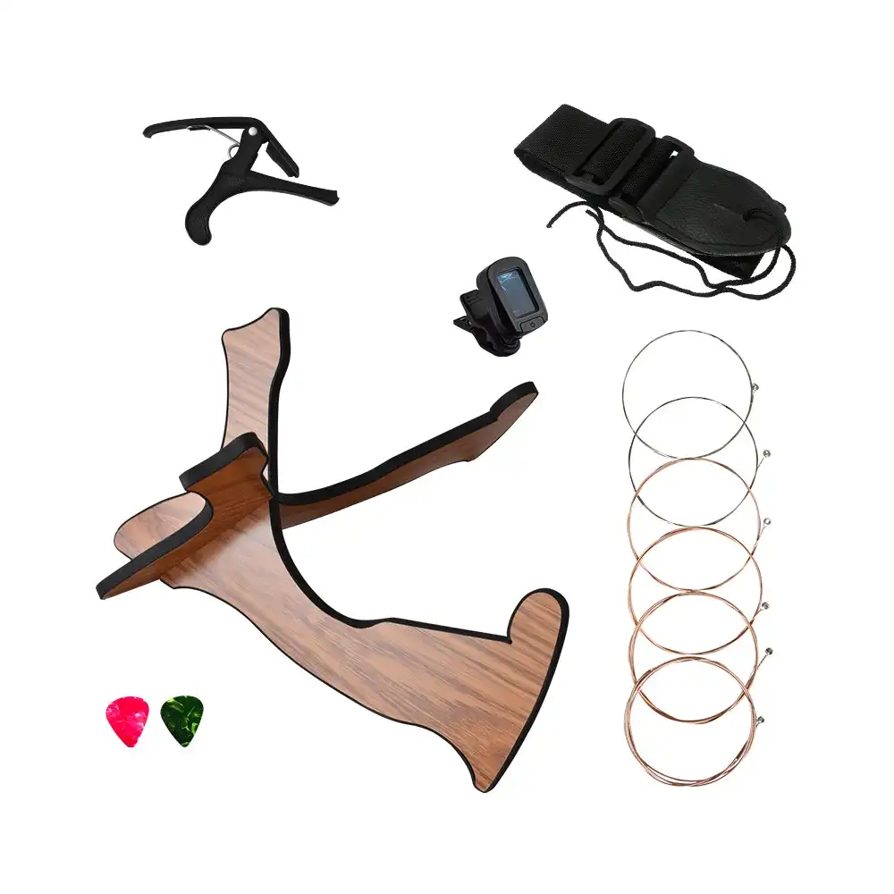 Guitar Accessories Set With X-Frame Wooden Stand 6 Steel Strings 2 Picks Capo Tuner Strap Tools Kit